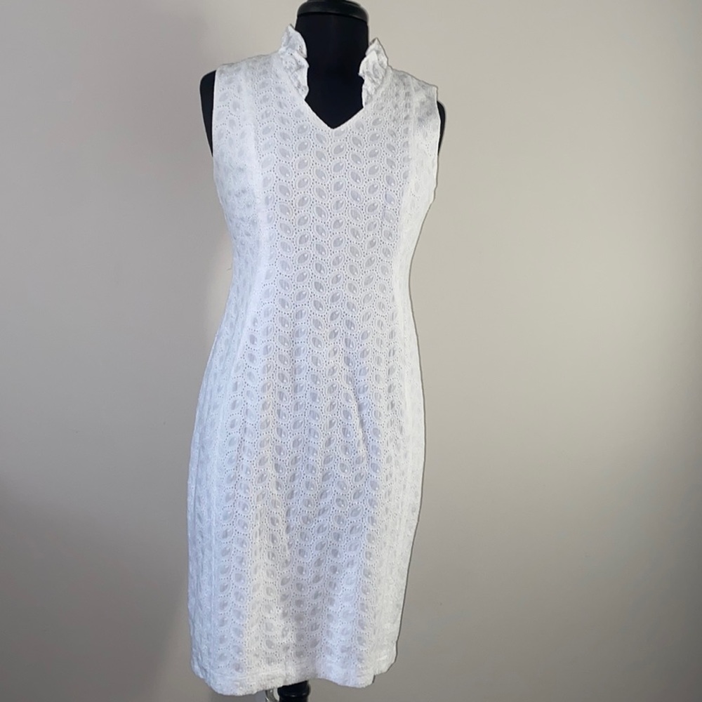 Calvin Klein Ruffle Stand Collar V-Neck Sleeveless Eyelet Dress